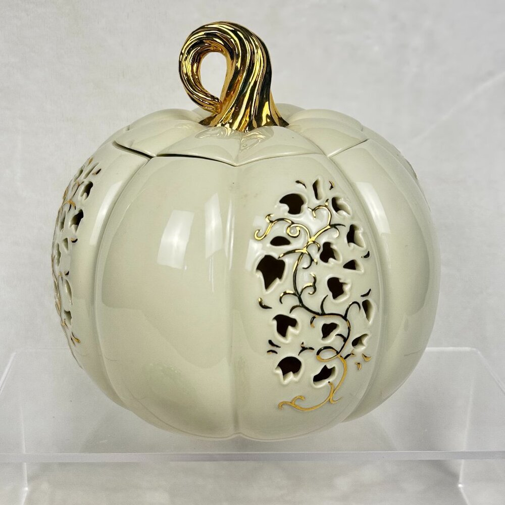 Lenox 2001 Pierced Pumpkin Lid Votive Candle Holder 6.5" Porcelain Gold READ